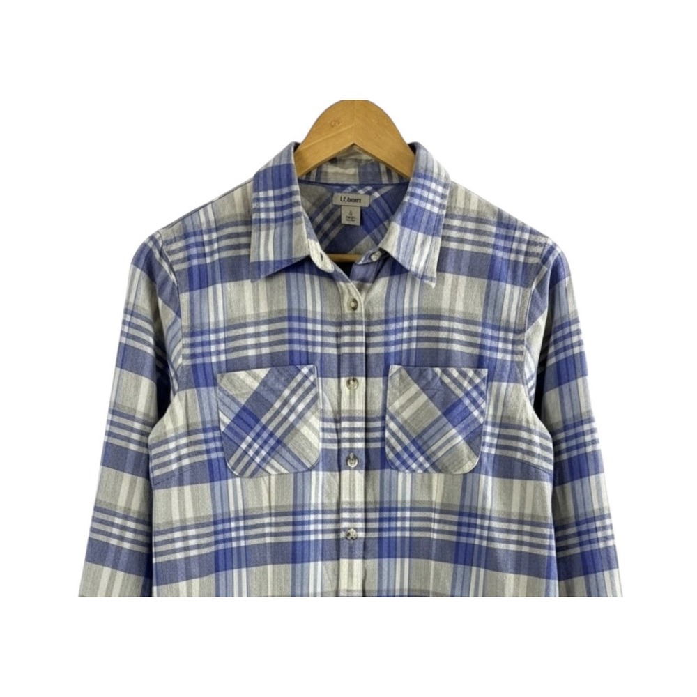 LL Bean Blue White Plaid Heavy‎ Flannel Long Sleeve Button Up Size Small